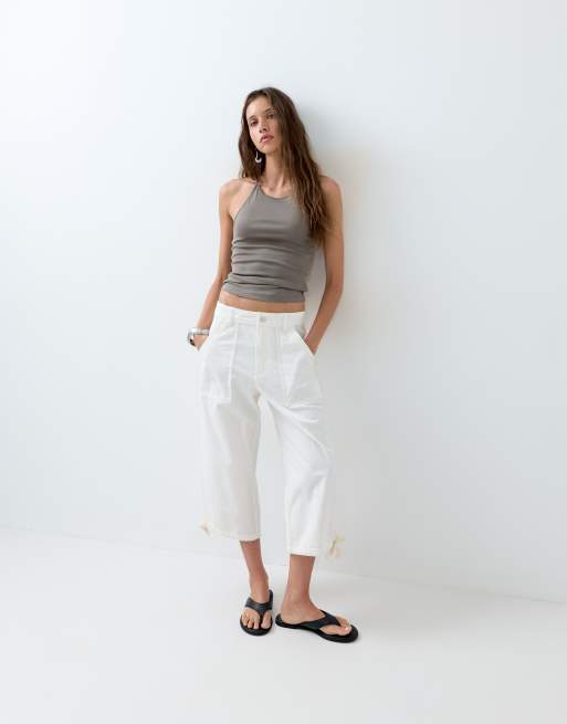 ASOS DESIGN cargo longer shorts with pocket and tie detail in white, 4 of 5
