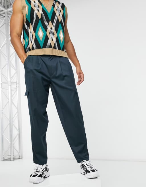 ASOS DESIGN cargo oversized tapered smart trousers in navy