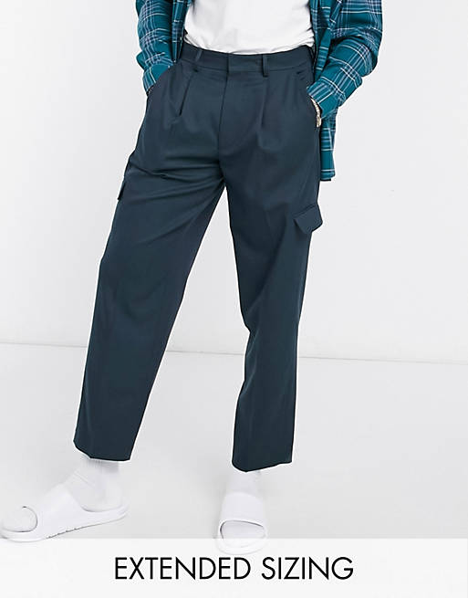  cargo oversized tapered smart trousers in navy 