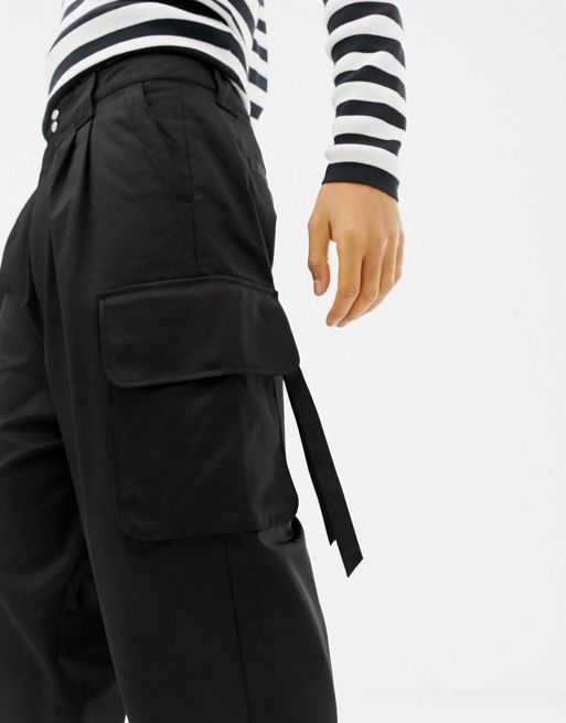 ASOS DESIGN wide leg cargo pants with strapping detail in black