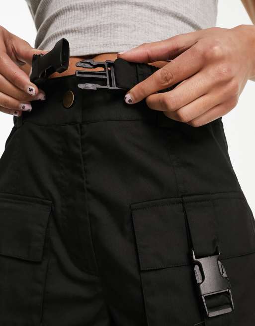 Black Buckle Detail Belted Cargo Trousers