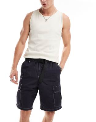 cargo shorts with belt detail in navy-Gray