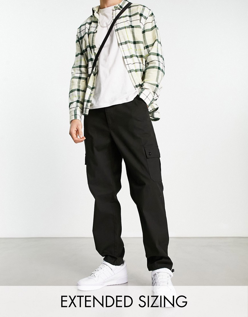 ASOS DESIGN cargo tapered trousers in black with toggles