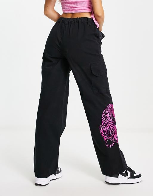 ASOS DESIGN cargo pants in black with tiger embroidery