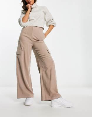 Asos Design Cargo Trouser With Linen In Taupe-Brown