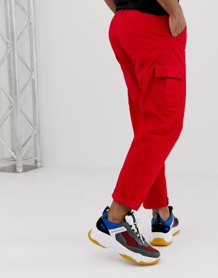 red cargo joggers