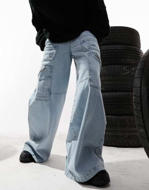 ASOS DESIGN - Cargojeans met extreem wijde pijpen in lichte wassing blauw 