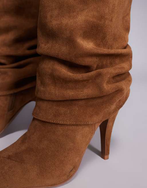 ASOS DESIGN Carissa slouch heeled knee boots in tan suedette