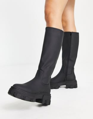 ASOS DESIGN CARLA CHUNKY FLAT KNEE BOOTS IN BLACK