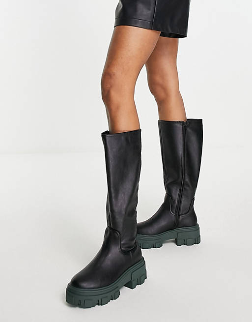 ASOS DESIGN Carla chunky flat knee boots in black with green sole | ASOS