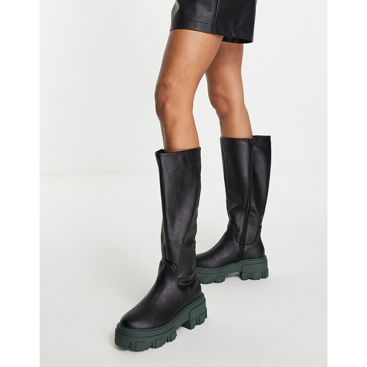 ASOS DESIGN Carla chunky flat knee boots in black with green sole