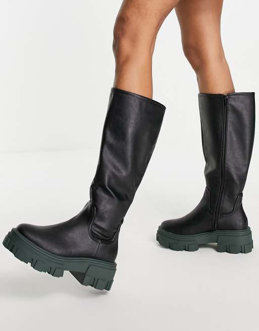 ASOS DESIGN Carla chunky flat knee boots in black with green sole