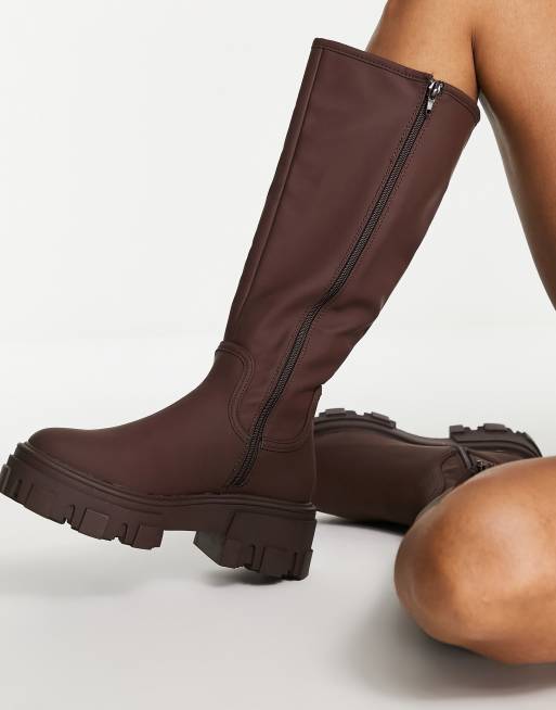 Brown Flat Over The Knee Sock Boots ASOS DESIGN Carla Chunky Flat