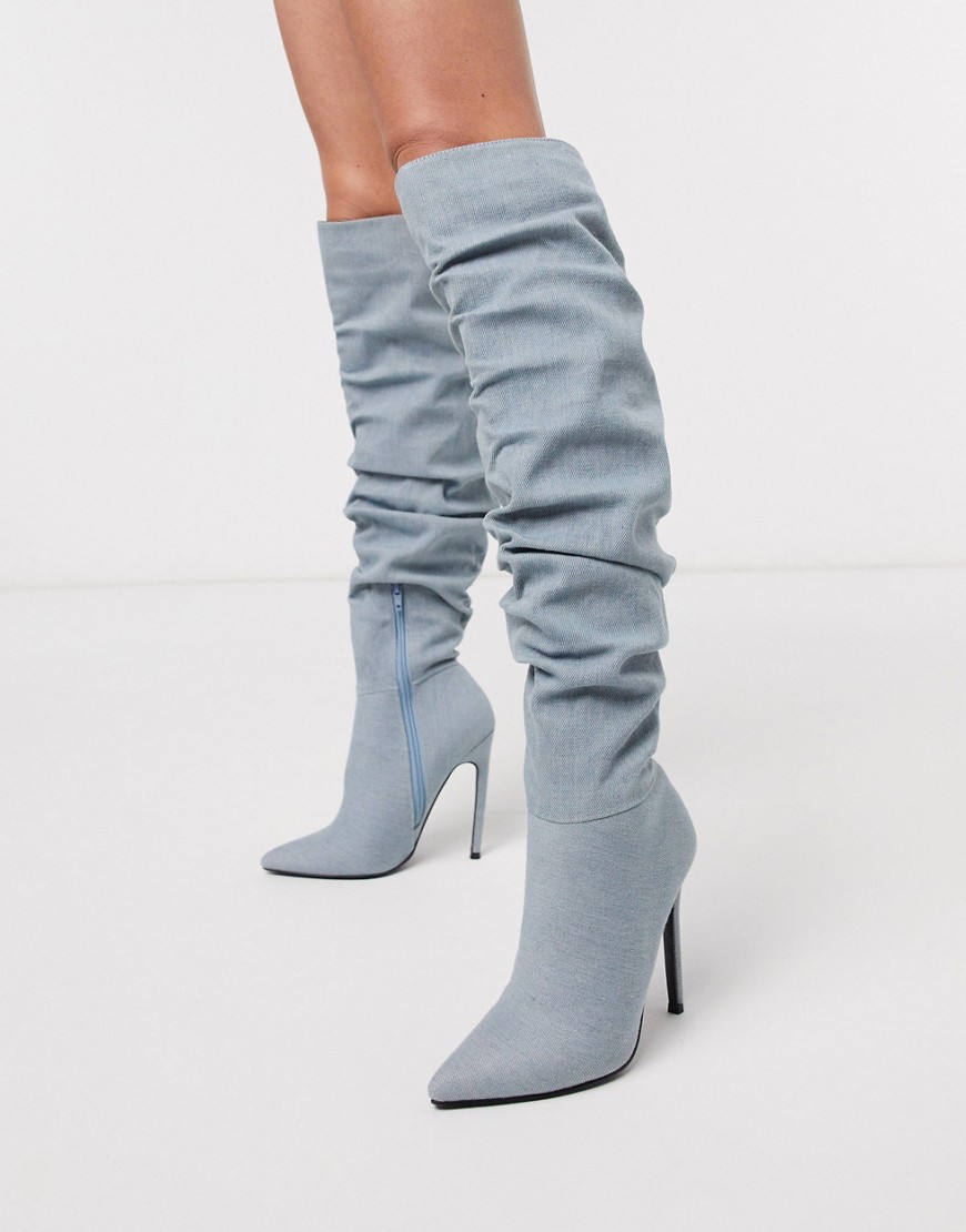 ASOS DESIGN - Carlotta - Stivali al ginocchio morbidi di jeans con tacco a spillo-Blu