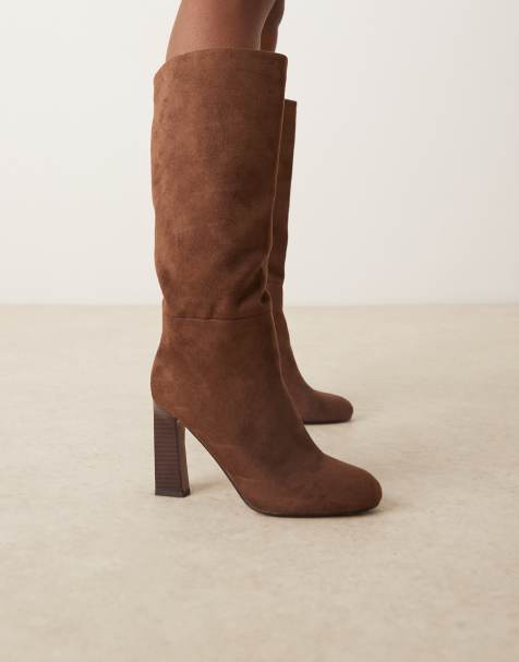 ASOS DESIGN Carly block heel pull-on knee boots in chocolate brown suedette - view 1