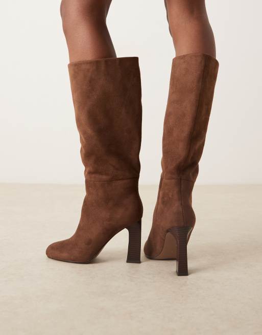ASOS DESIGN Carly block heel pull on knee boots in chocolate brown suedette | ASOS