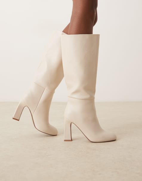 ASOS DESIGN Carly block heel pull on knee boots in off white - view 1