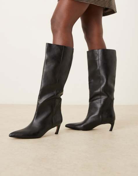 ASOS DESIGN Carmel pull-on kitten heeled knee boots in black - view 1
