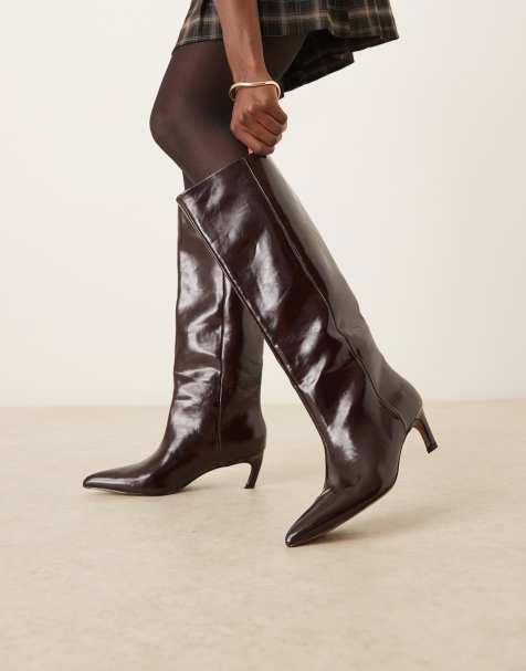 ASOS DESIGN Carmel pull-on kitten heeled knee boots in burgundy - view 1