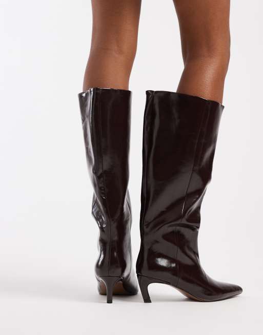 ASOS DESIGN Carmel pull-on kitten heeled knee boots in burgundy