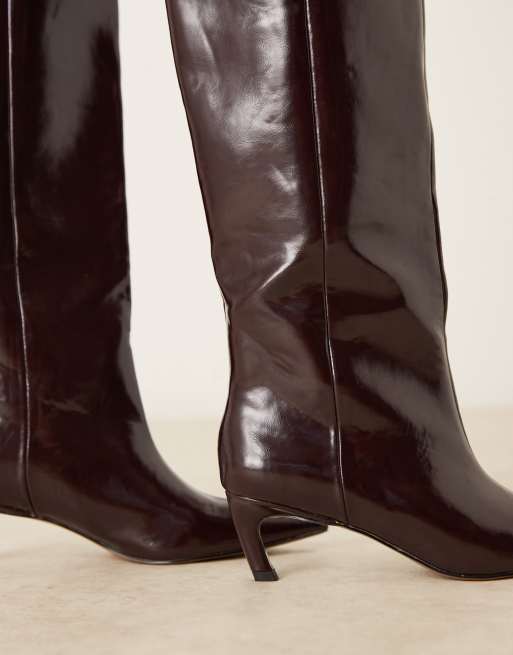 ASOS DESIGN Carmel pull-on kitten heeled knee boots in burgundy