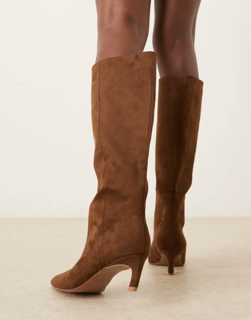 ASOS DESIGN Carmel pull-on kitten heeled knee boots in chocolate suedette