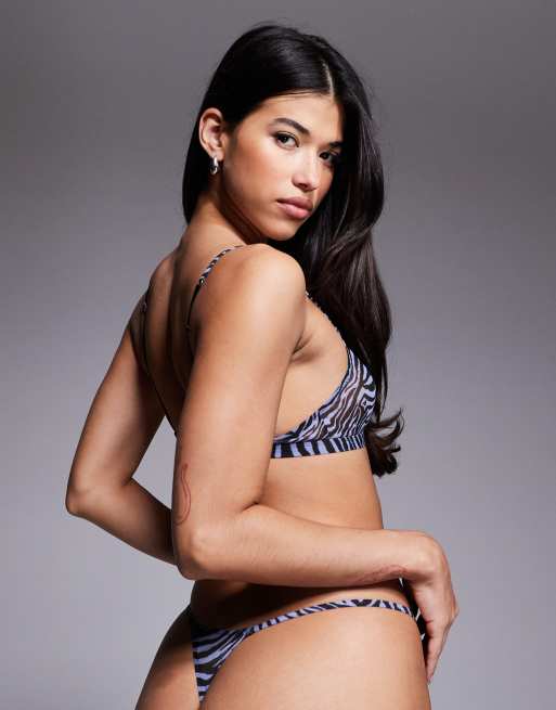 ASOS DESIGN Carmel zebra mesh tanga lingerie thong in blue and black, 3 of 4