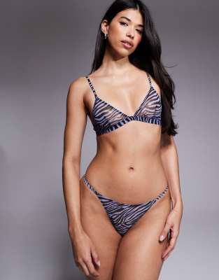 Asos Design Carmel Zebra Mesh Tanga Thong In Blue
