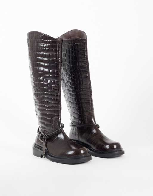 ASOS DESIGN Carmella harness riding knee boots in chocolate croc leather, 2 of 4