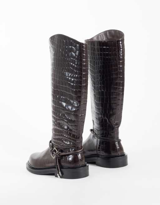 ASOS DESIGN Carmella harness riding knee boots in chocolate croc leather, 4 of 4