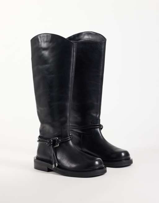 ASOS DESIGN Carmella real leather boho trim riding knee boots in black , 2 of 4