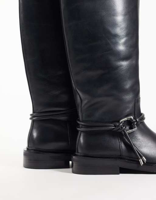 ASOS DESIGN Carmella real leather boho trim riding knee boots in black , 4 of 4