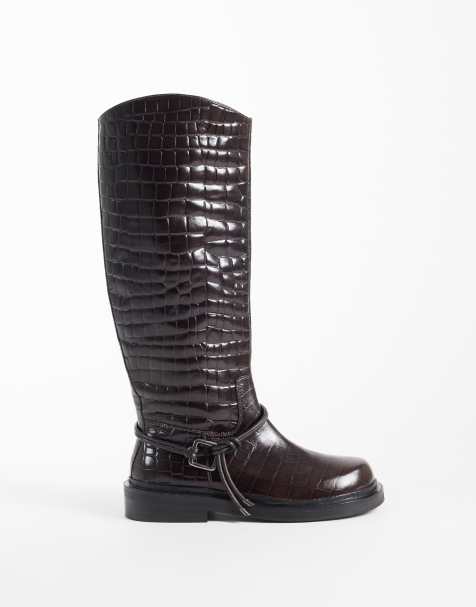ASOS DESIGN Carmella real leather harness riding knee boots in chocolate croc - view 1