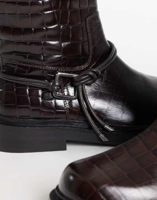 ASOS DESIGN Carmella real leather harness riding knee boots in chocolate croc , 3 of 4