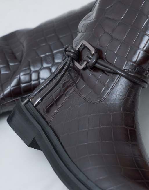 ASOS DESIGN Carmella real leather harness riding knee boots in chocolate croc , 5 of 5