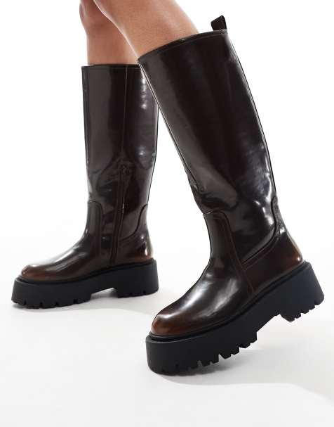 ASOS DESIGN Carmen chunky flat knee boots in brown - view 1