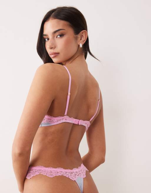 ASOS DESIGN – Carmen – Gerippter Tanga in gestreiftem Flieder und Rosa mit Spitzenbesatz, 2 von 4