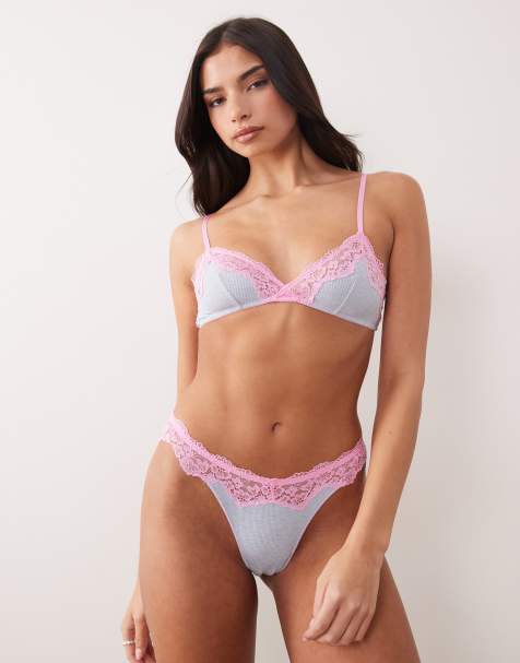 ASOS DESIGN – Carmen – Geripptes Lingerie-Set in gestreiftem Flieder und Rosa mit Spitzenbesatz - view 1
