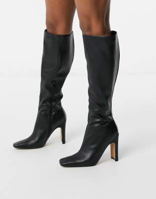 asos design christa flatform knee boots in black patent