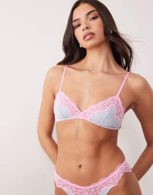 Asos Design Carmen Rib Knit Triangle Bra With Lace Trim In Multi