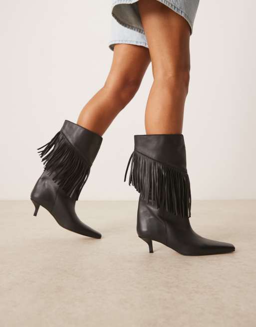 ASOS DESIGN Carmine leathe fringe knee boots in black