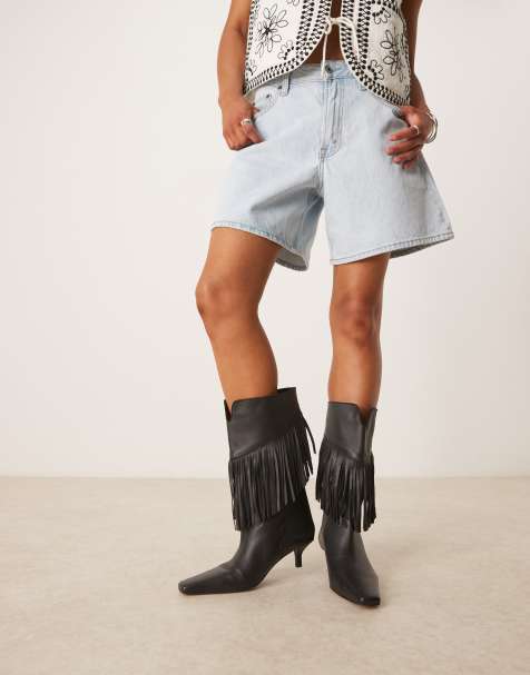 ASOS DESIGN Carmine leather fringe knee boots in black - view 1