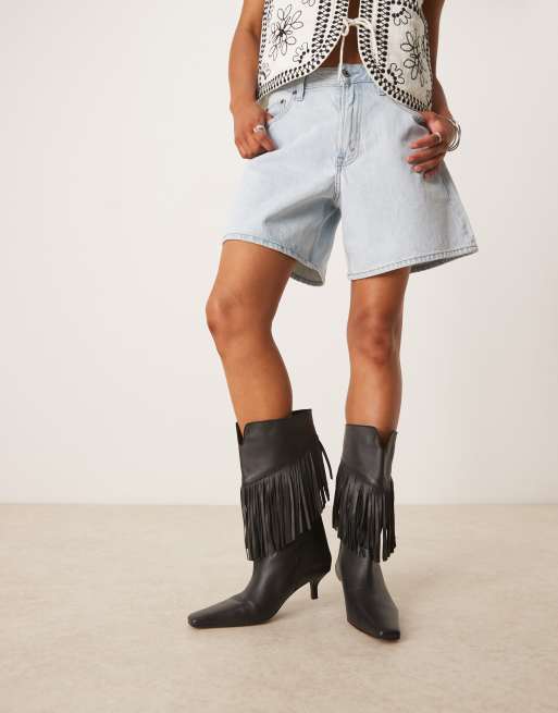 ASOS DESIGN Carmine leather fringe knee boots in black