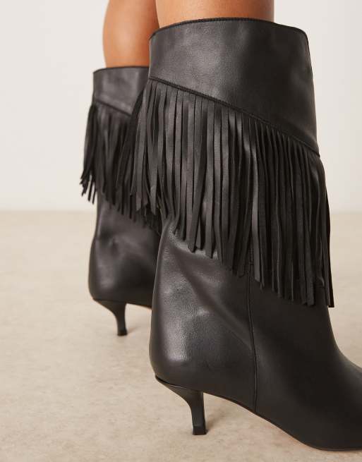 ASOS DESIGN Carmine leather fringe knee boots in black