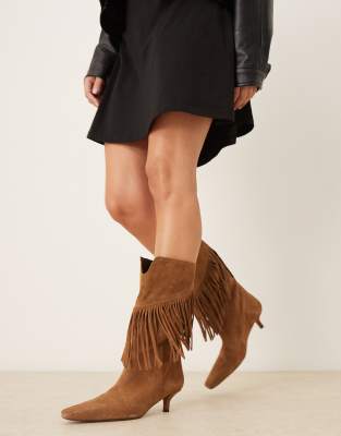 Asos Design Carmine Premium Suede Fringe Knee Boots In Brown