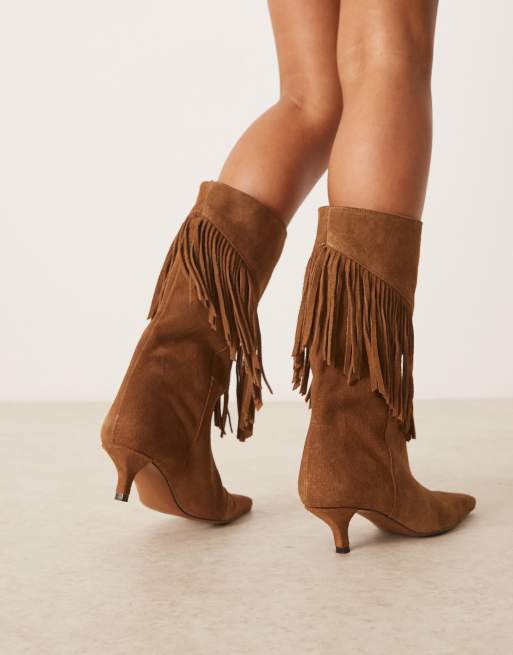 ASOS DESIGN Carmine premium suede fringe knee boots in sand