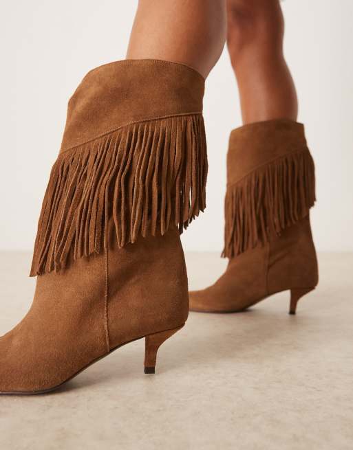 ASOS DESIGN Carmine premium suede fringe knee boots in sand