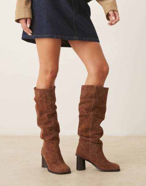 ASOS DESIGN – Carolina – Brązowe kozaki do kolan z luźną cholewką ze szczotkowanego zamszu - view 1