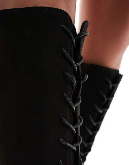 Black Knee High Lace Up Textured Sole Chunky Boots