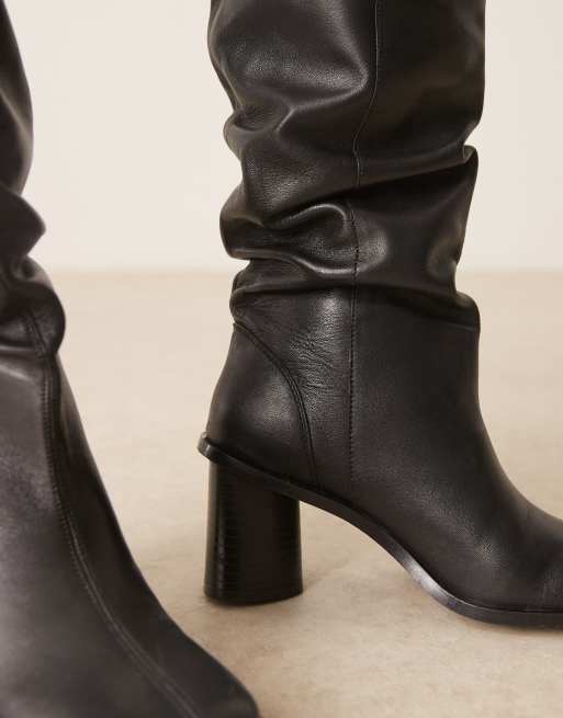 ASOS DESIGN Carolina leather slouchy heeled knee boots in black, 4 of 4
